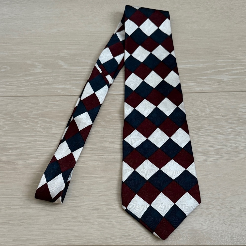 3/$10 Burma Bibas Silk Checkered Tie in Burgundy, Navy, and White